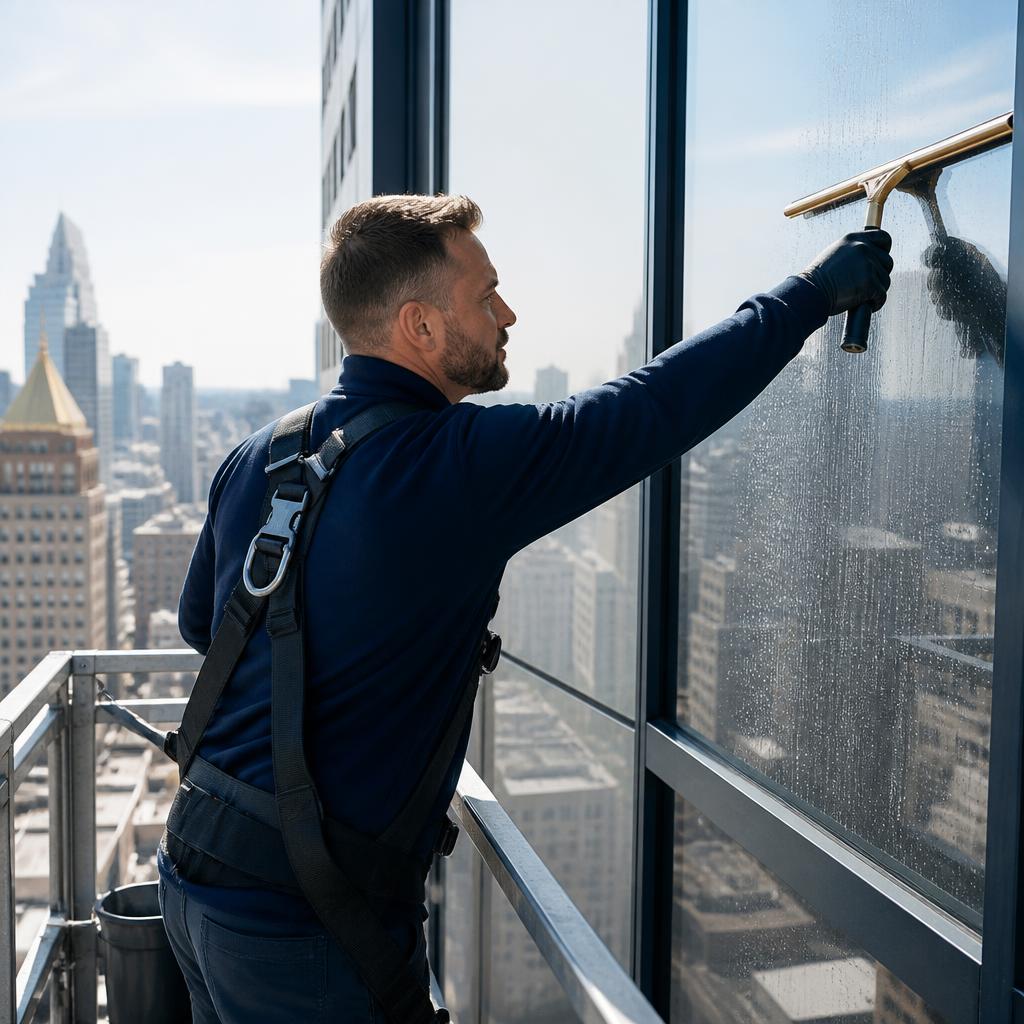 Nationwide Maintenance technician on scaffolding cleaning a commercial building window