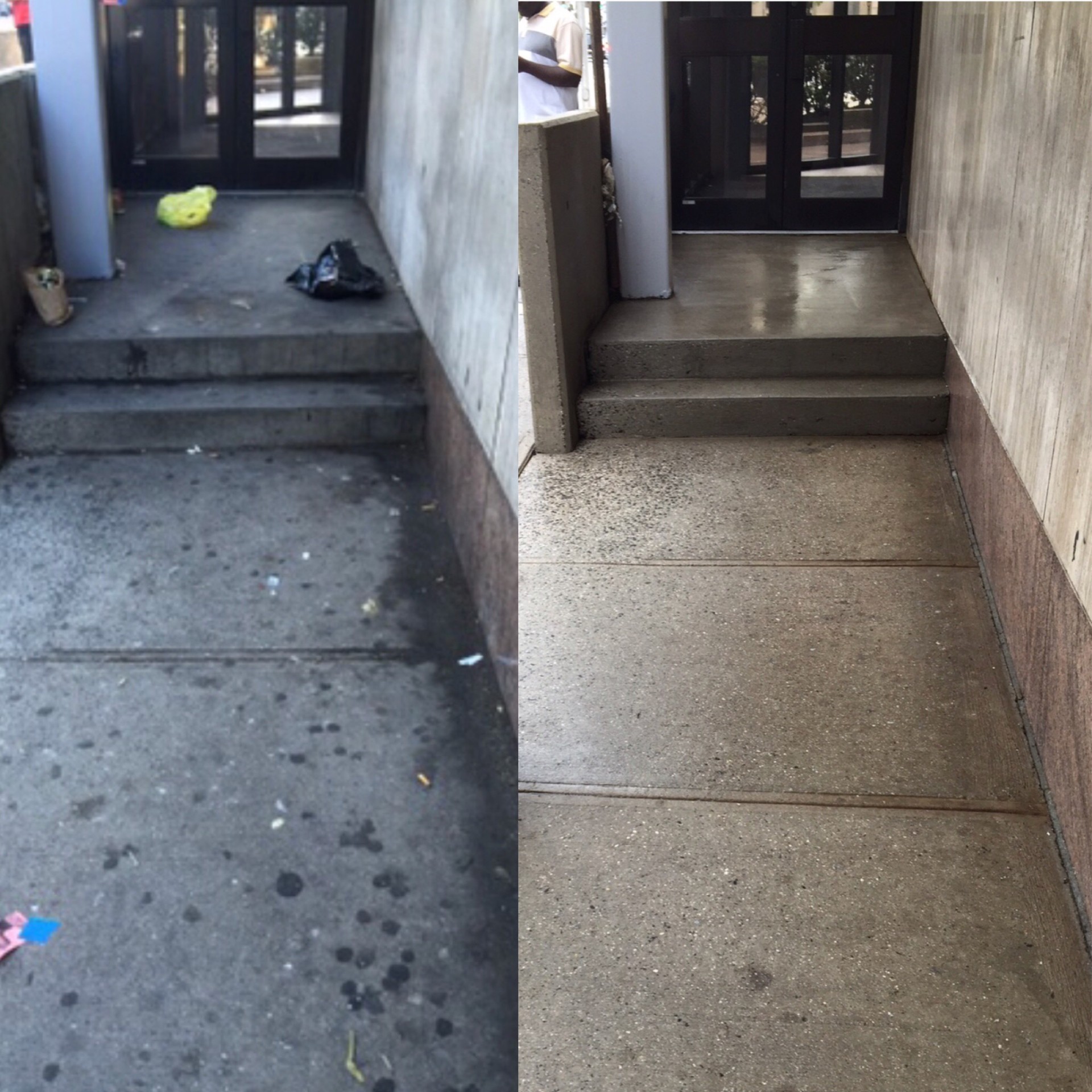 Building entry sidewalk and steps before and after pressure washing