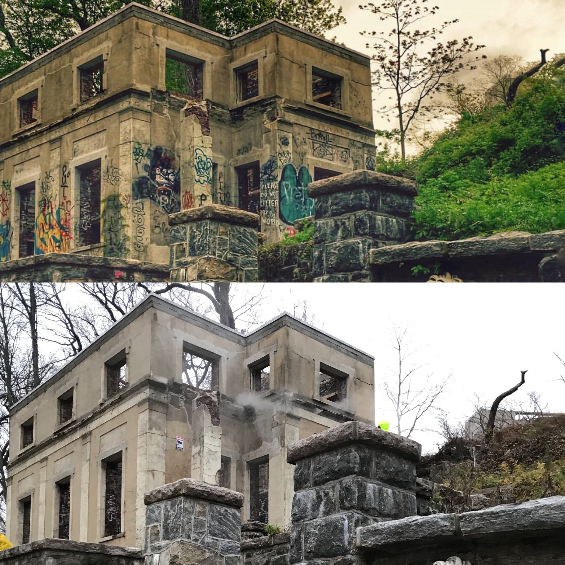 Graffiti removal before and after on historic stone structure
