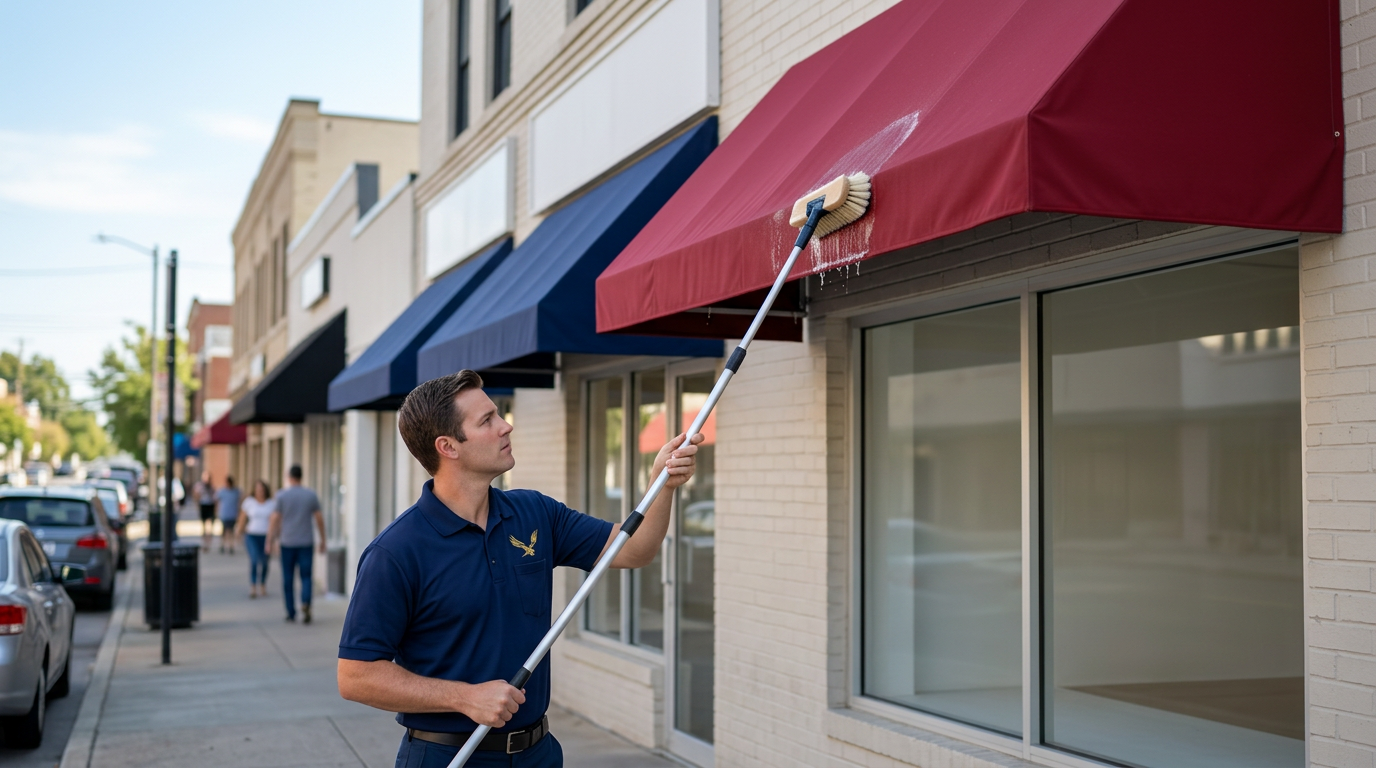 Nationwide Maintenance technician using a soft-bristle brush to clean a fabric storefront awning