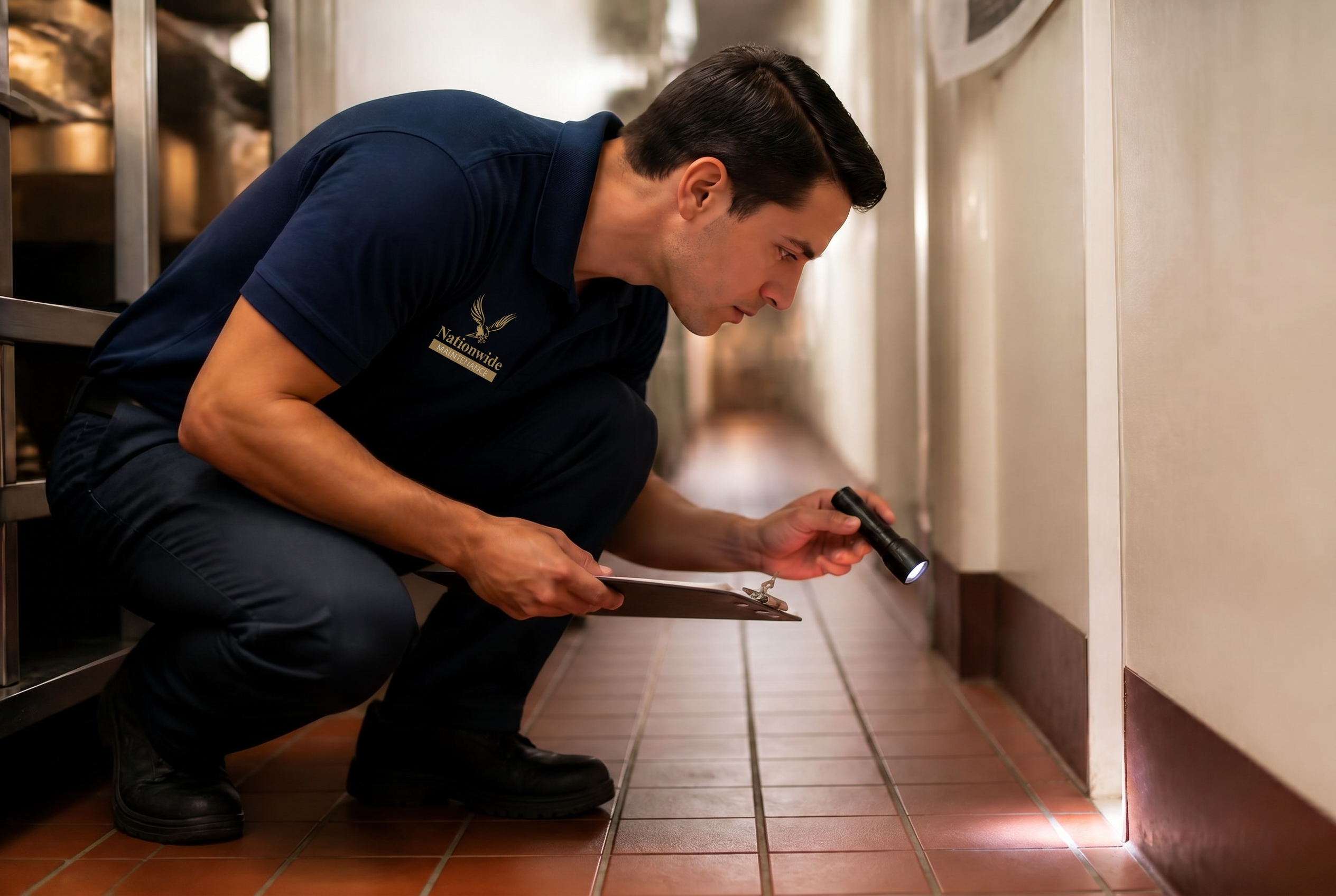 Nationwide Maintenance pest inspector with clipboard and flashlight examining baseboards in a commercial back-of-house corridor