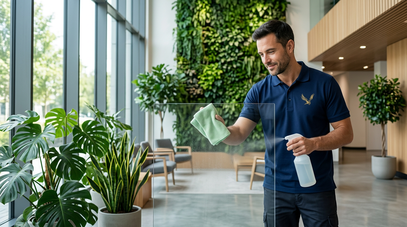 Nationwide Maintenance technician using eco-friendly products in a sustainable office lobby filled with plants
