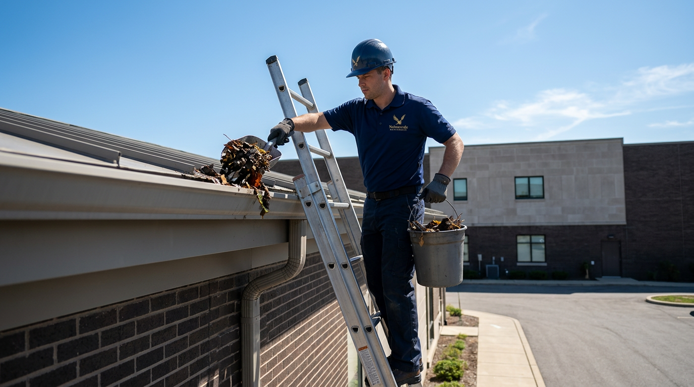 Nationwide Maintenance technician on a ladder clearing leaves from commercial building gutters
