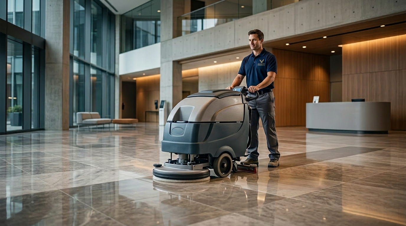 Nationwide Maintenance technician operating a commercial floor burnisher in a polished office lobby