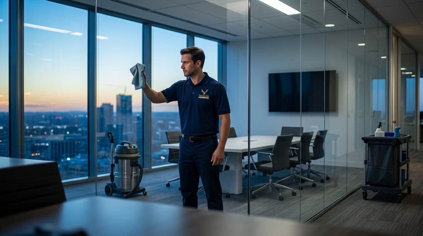 Nationwide Maintenance janitorial technician wiping conference room glass in a corporate office at dusk