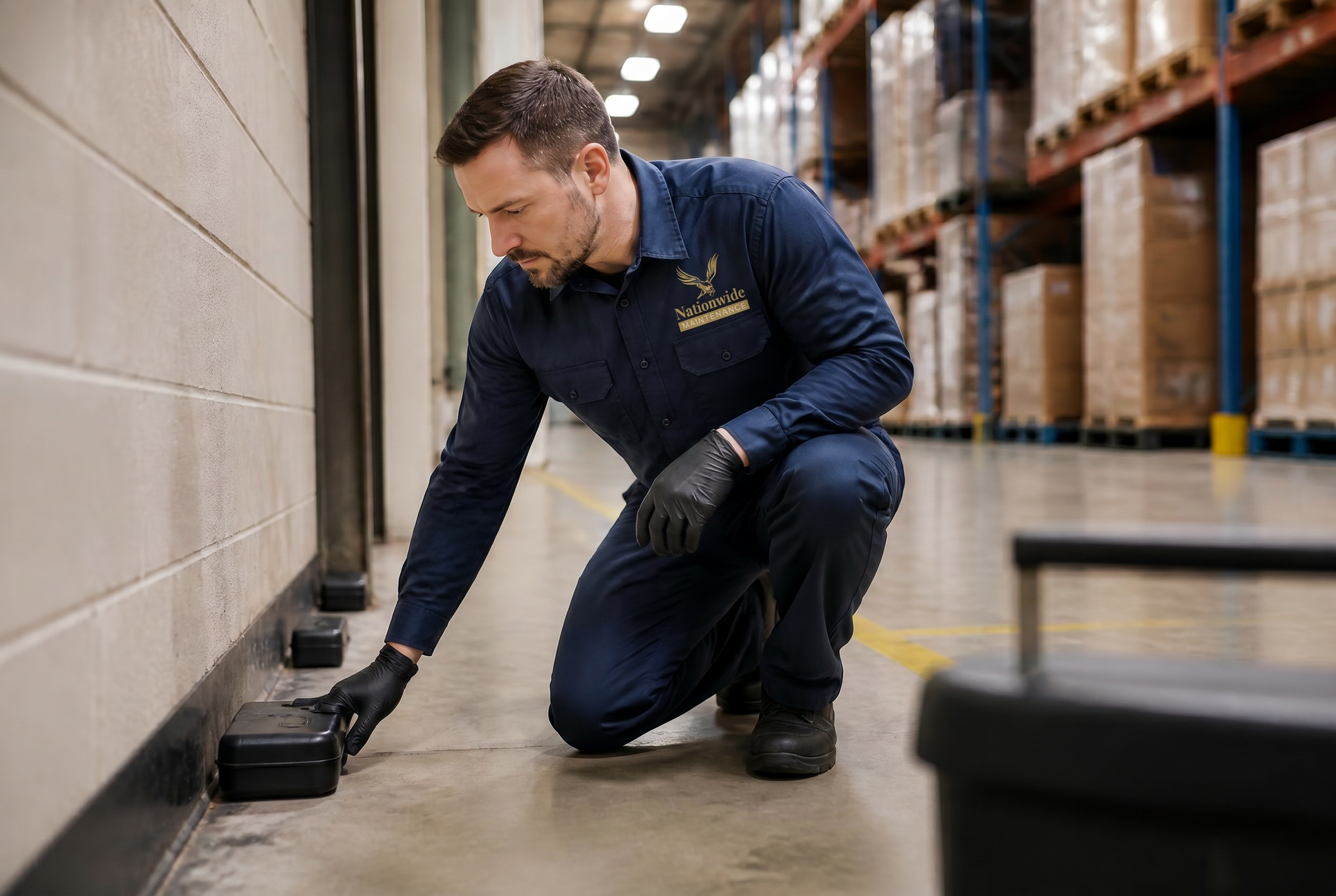 Nationwide Maintenance technician placing professional snap-trap stations along a warehouse wall as part of a mass trapping rodent strategy