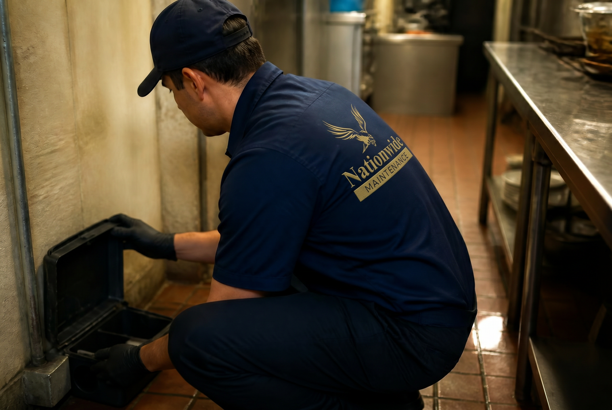 Nationwide Maintenance technician servicing a tamper-resistant rodent bait station behind a commercial restaurant kitchen after hours