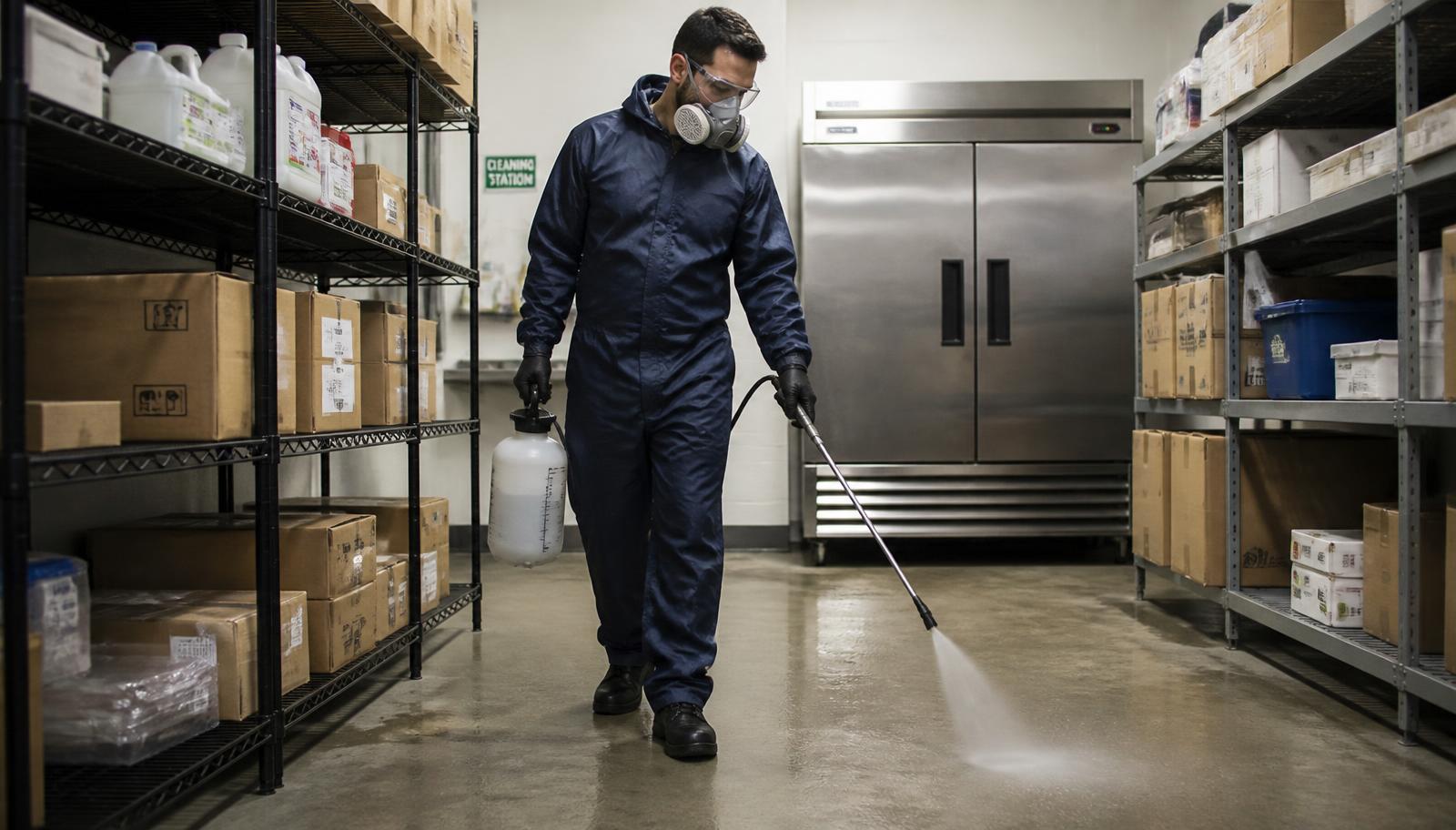Technician in coveralls, gloves, and a respirator disinfecting the floor of a commercial storage room