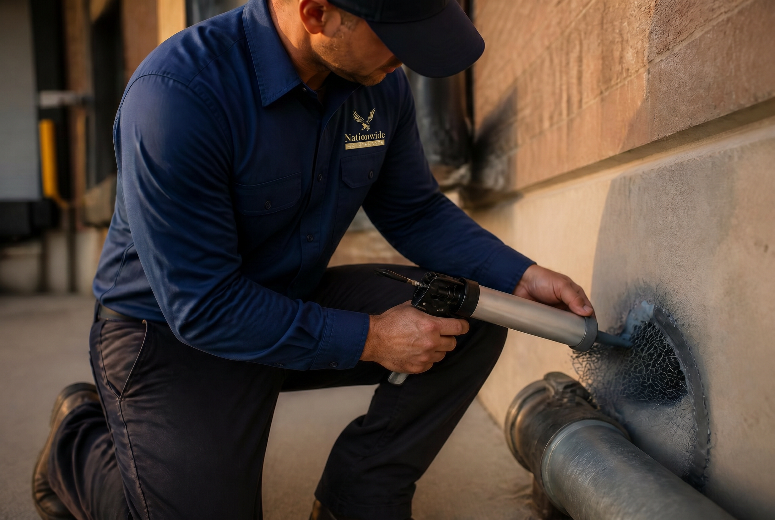 Nationwide Maintenance technician in branded uniform sealing a utility penetration at the foundation of a commercial building with mesh and exterior sealant