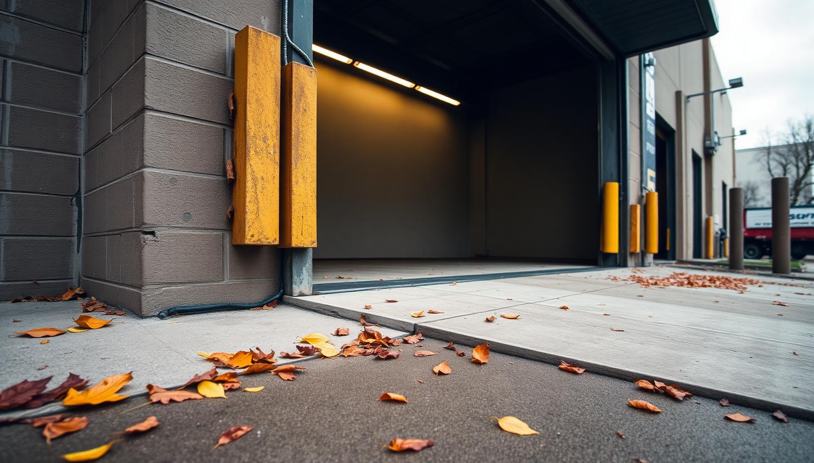 Commercial loading dock overhead door with weathered seals and fallen leaves on the ramp