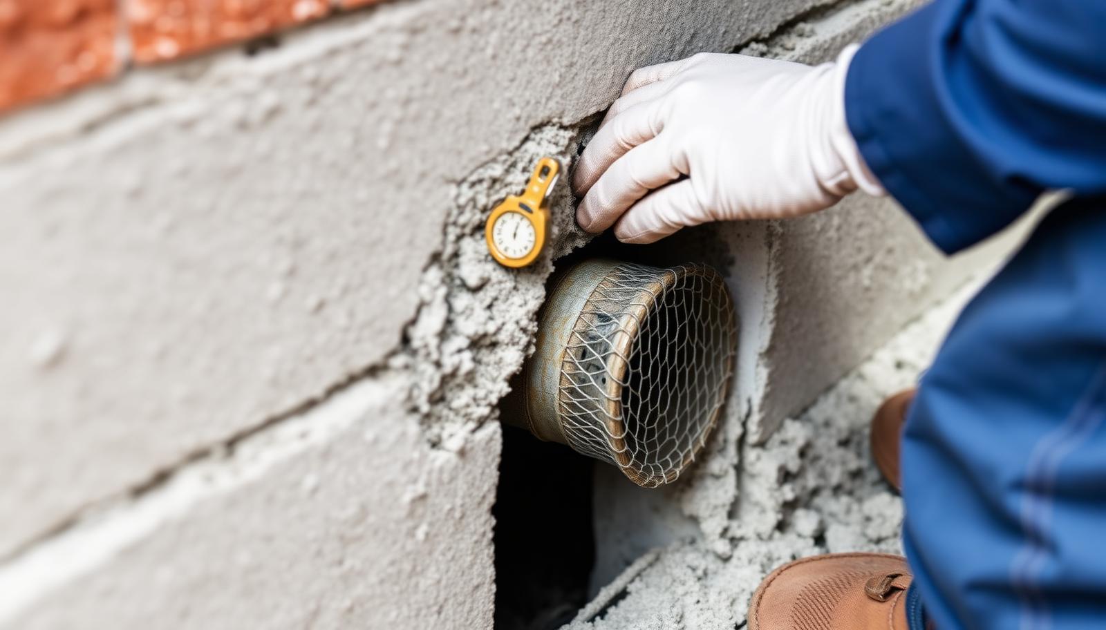 Technician's gloved hands sealing a pipe penetration with mortar and wire mesh in a concrete foundation