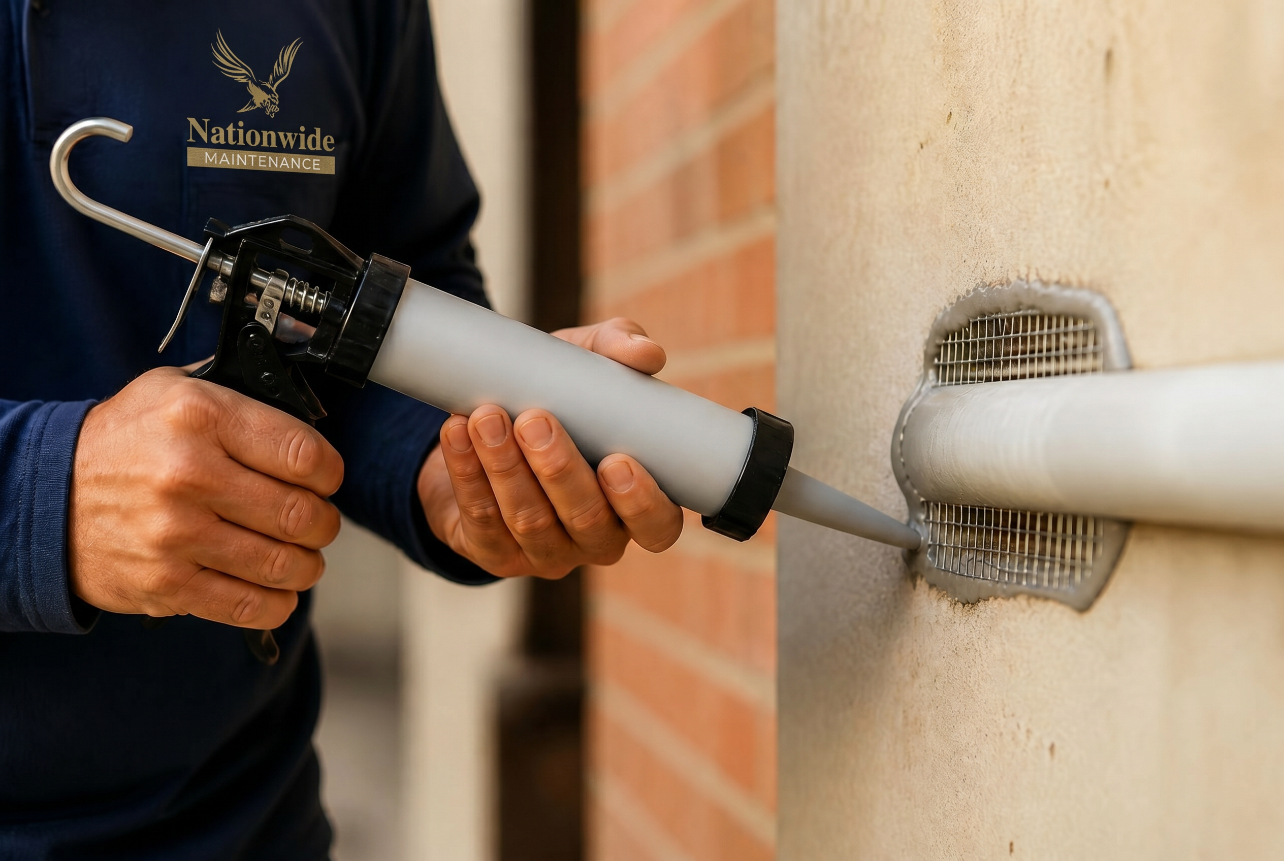 Close-up of a Nationwide Maintenance technician's hands applying galvanized mesh and sealant around a pipe penetration on a commercial building exterior