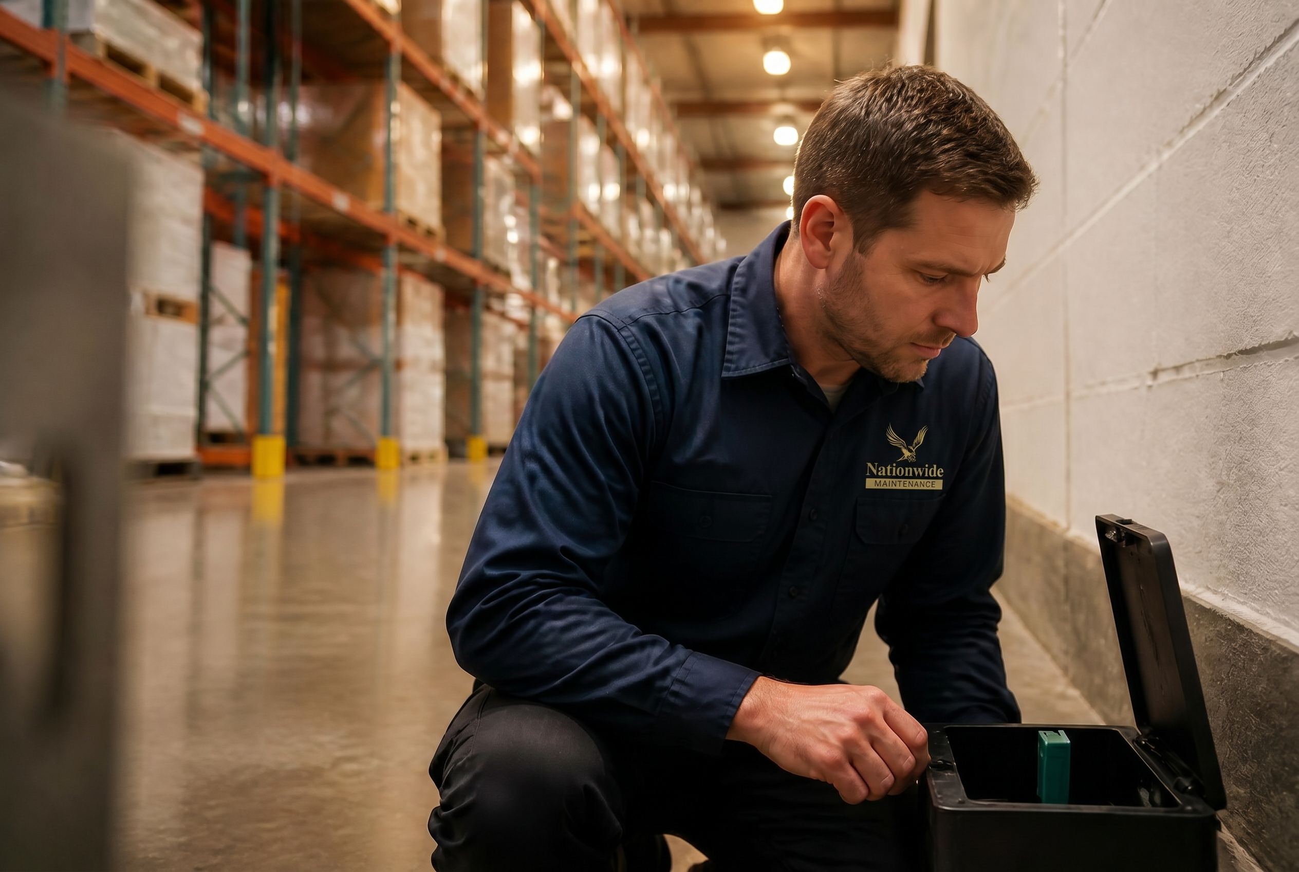 Nationwide Maintenance technician inspecting a perimeter rodent bait station inside a large distribution warehouse with pallet racking