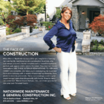 A woman in a navy blouse and white pants stands smiling on a paved walkway in front of a landscaped home, with text describing her construction business and contact information at the bottom.