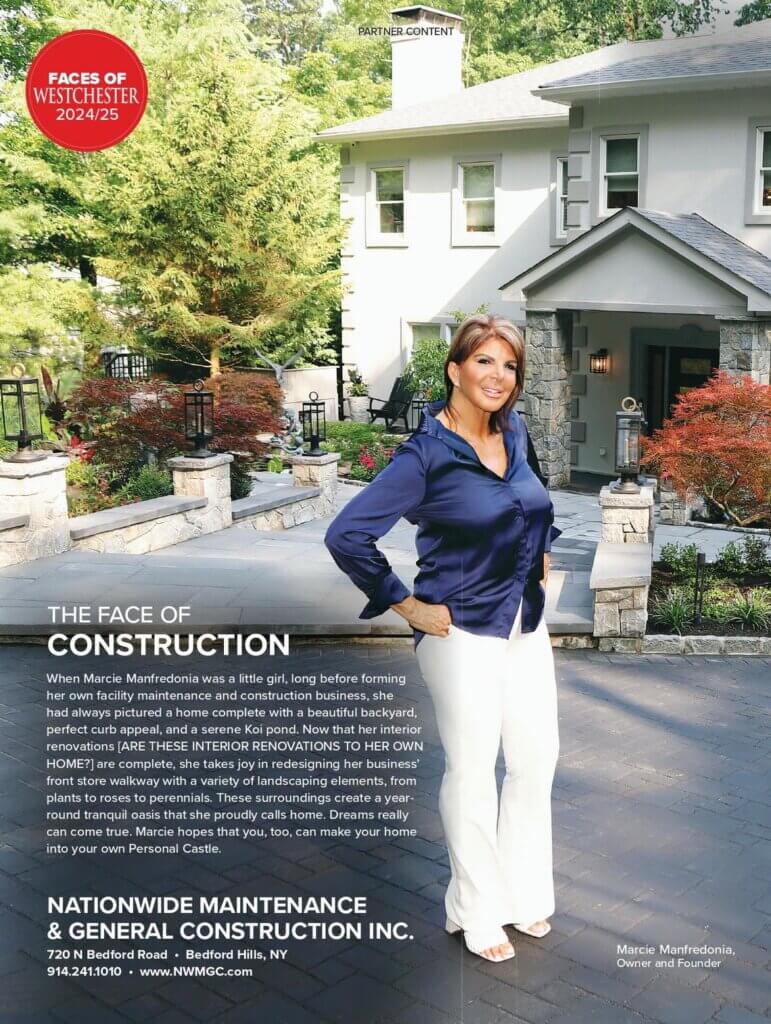 A woman with long brown hair, wearing a white outfit, stands smiling in front of a stone house with lush landscaping. The image includes business info for Nationwide Maintenance & General Construction and highlights Marcie Martiedonio.