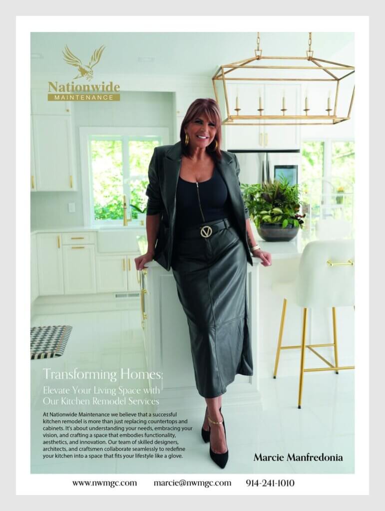 A woman in a dark outfit stands in a bright modern kitchen with white cabinets, gold accents, and large windows. Text promotes kitchen remodel services by Nationwide Maintenance, featuring Marcie Manfredonia.