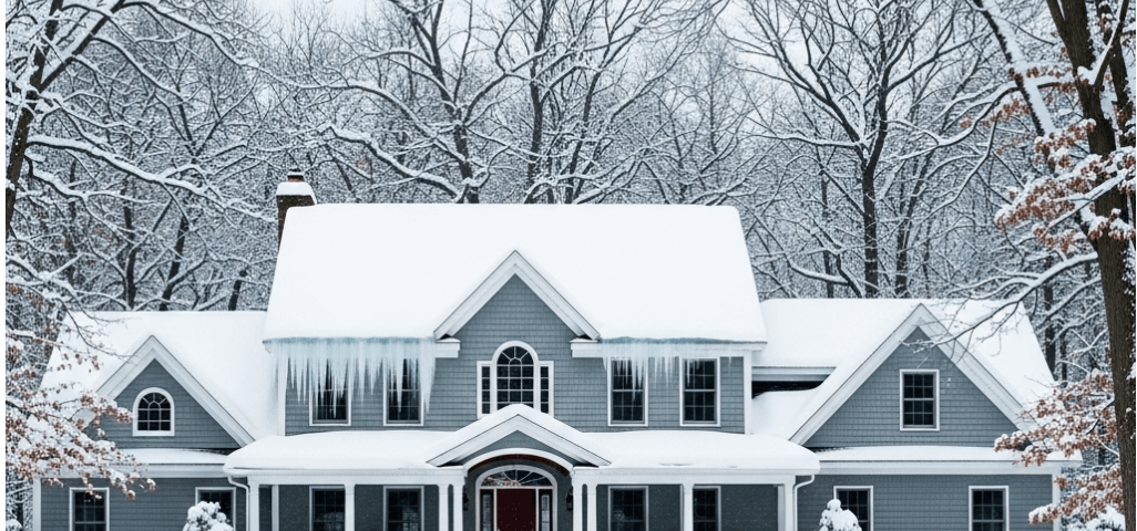 Large gray house with white trim covered in snow, icicles hanging from the roof, surrounded by snowy trees and bushes; bare branches visible against a cloudy winter sky.