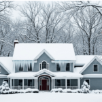 Large gray house with white trim covered in snow, icicles hanging from the roof, surrounded by snowy trees and bushes; bare branches visible against a cloudy winter sky.