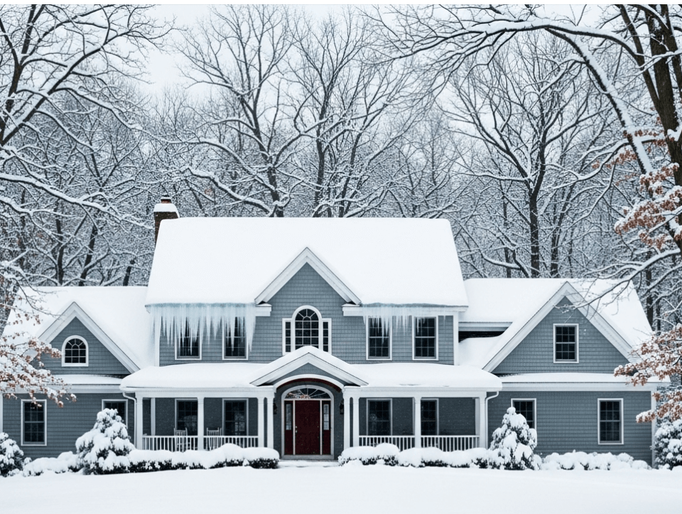 Large gray house with white trim covered in snow, icicles hanging from the roof, surrounded by snowy trees and bushes; bare branches visible against a cloudy winter sky.
