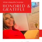 A woman in a red outfit smiles while holding a framed certificate. Text on the image reads “What a Beautiful Surprise: Honored & Grateful.” Blog and Instagram links appear at the bottom.
