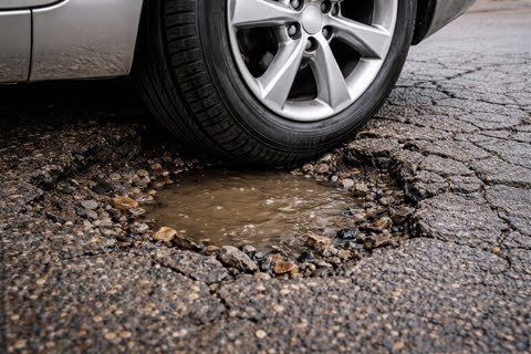A car tire is partially submerged in a large, water-filled pothole on a damaged asphalt road.