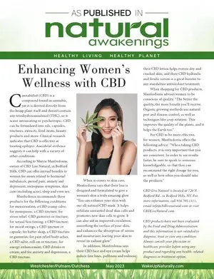 A magazine page titled Enhancing Women’s Wellness with CBD features a woman smiling and holding a green leaf near her face. The article discusses CBD’s wellness benefits. The layout includes green accents and columns of text.