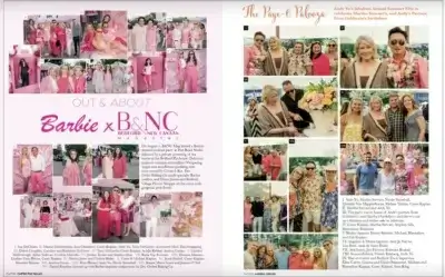 A magazine spread features photos of people at a Barbie-themed event. Guests are dressed in pink outfits, smiling and posing together outdoors. The layout includes event branding, captions, and lists of attendee names.