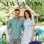A man and a woman stand smiling in front of a pool and wooden gazebo, surrounded by lush greenery, on the cover of Bedford & New Canaan Magazine, September/October 2023 issue.