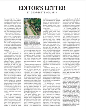 A magazine editor’s letter features a three-column layout of text and a small image of a garden path bordered by greenery and flowers near the top left corner. The headline reads EDITORS LETTER BY GEORGETTE GOUVEIA.