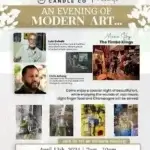 Event flyer for “An Evening of Modern Art” by Custom Candle Co. on April 13th, 2024, 7–10pm, Bedford Hills, NY. Features images and names of artists Luis Oviedo and Chris Achong, and music by The Timbo Kings.