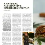 A magazine article titled A Natural Alternative for Relieving Pain features a photo of a smiling woman standing beside a display of CBD products, with a close-up of hemp seeds and leaves in the background.