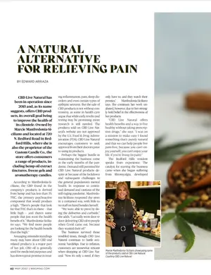 A magazine article titled A Natural Alternative for Relieving Pain features a photo of a smiling woman standing beside a display of CBD products, with a close-up of hemp seeds and leaves in the background.