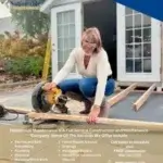 A woman wearing glasses and a white sweater uses a circular saw to cut wood outside a small white building. Text below advertises Nationwide Maintenance’s construction and handyman services.