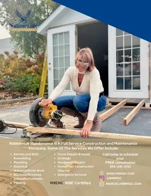 A woman wearing glasses and a white sweater uses a circular saw to cut wood outside a small white building. Text below advertises Nationwide Maintenance’s construction and handyman services.