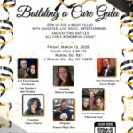 A flyer for the Building a Cure Gala with details about the event, entertainment lineup, date, location, a QR code, American Cancer Society logo, and photos of performers against a navy and gold starry background.