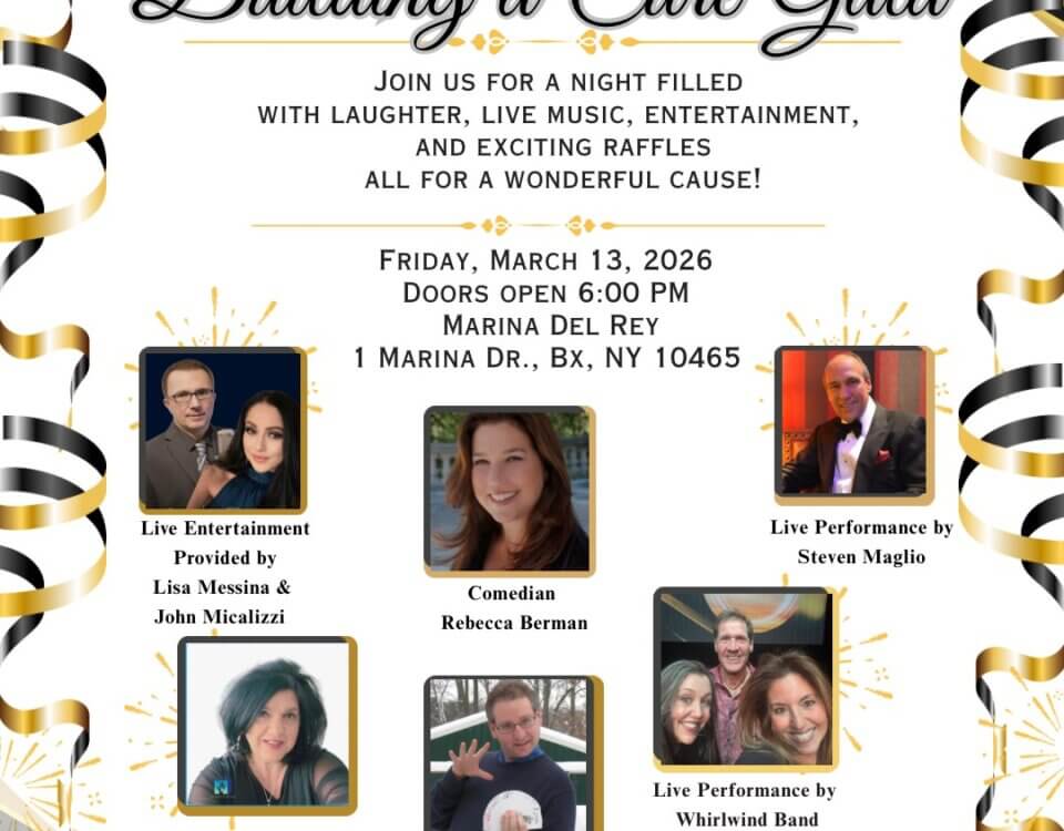 A flyer for the Building a Cure Gala with details about the event, entertainment lineup, date, location, a QR code, American Cancer Society logo, and photos of performers against a navy and gold starry background.