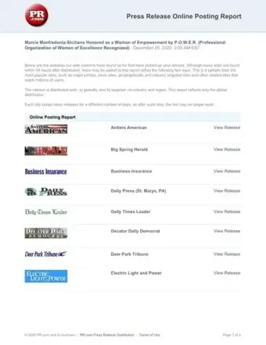 A press release report lists various news outlets with their logos and links to view releases, including Antlers American, Big Spring Herald, Business Insurance, Daily Press, Decatur Daily Democrat, Deer Park Tribune, and Electric Carrier World.
