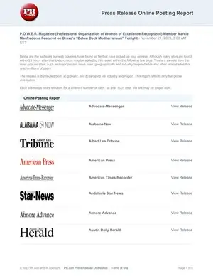 A webpage titled Press Release Online Posting Report lists news outlets such as Advocate-Messenger, Alabama News, and American Press, each with a View Release link next to their name on a white background.