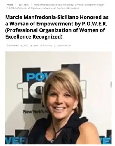 A smiling woman with short blond hair poses in front of a POWER sign. The headline above announces her being honored as a Woman of Empowerment by P.O.W.E.R. (Professional Organization of Women of Excellence Recognized).