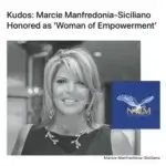 A black-and-white photo of Marcie Manfredonia-Siciliano smiling, with text above reading, Kudos: Marcie Manfredonia-Siciliano Honored as Woman of Empowerment. The NAWM logo appears in the bottom right corner.