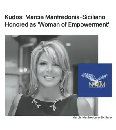 A black-and-white photo of Marcie Manfredonia-Siciliano smiling, with text above reading, Kudos: Marcie Manfredonia-Siciliano Honored as Woman of Empowerment. The NAWM logo appears in the bottom right corner.