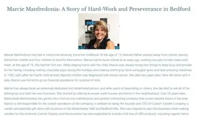A website article titled Marcie Manfredonia: A Story of Hard-Work and Perseverance in Bedford features a portrait of a smiling woman with short blond hair above biographical text detailing her life and achievements.