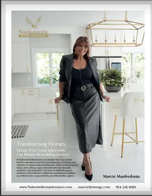 A woman in a black outfit stands smiling in a modern, bright kitchen with white cabinets, gold fixtures, and bar stools. Text promotes kitchen remodeling services by Nationwide Maintenance.