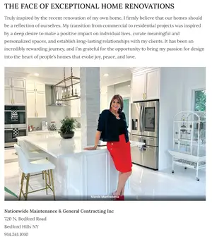 A woman stands and smiles in a modern white kitchen with gold accents, plants, and stylish decor. She wears a black jacket and red skirt, resting her hand on the white marble kitchen island.