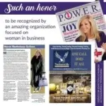 Collage featuring magazine covers, an article about Marcie Manfredonia Siciliano, a business ad, and a quote celebrating recognition by a women-in-business organization. Joy Mangano appears on one POWER magazine cover.