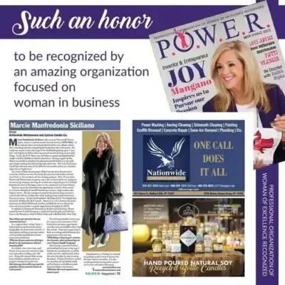 Collage featuring magazine covers, an article about Marcie Manfredonia Siciliano, a business ad, and a quote celebrating recognition by a women-in-business organization. Joy Mangano appears on one POWER magazine cover.