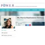 Screenshot of a webpage from P.O.W.E.R., featuring Ms. Marcie Manfredonia-Siciliano’s profile with her photo, title as entrepreneur, and links to her profile, expertise, and products/services.