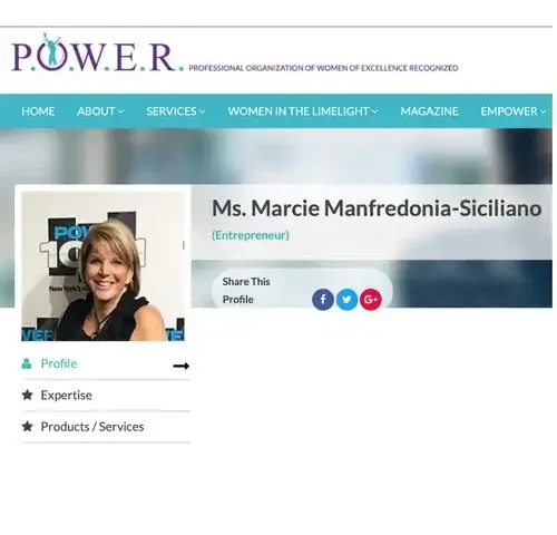 Screenshot of a webpage from P.O.W.E.R., featuring Ms. Marcie Manfredonia-Siciliano’s profile with her photo, title as entrepreneur, and links to her profile, expertise, and products/services.