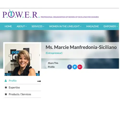 Screenshot of a webpage from P.O.W.E.R., featuring Ms. Marcie Manfredonia-Siciliano’s profile with her photo, title as entrepreneur, and links to her profile, expertise, and products/services.