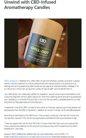 A promotional article about CBD Livings aromatherapy candle features a photo of the candle labeled Chill-Out. The article describes its benefits, ingredients, and how to purchase from CBD Live Natural in Bedford Hills, NY.
